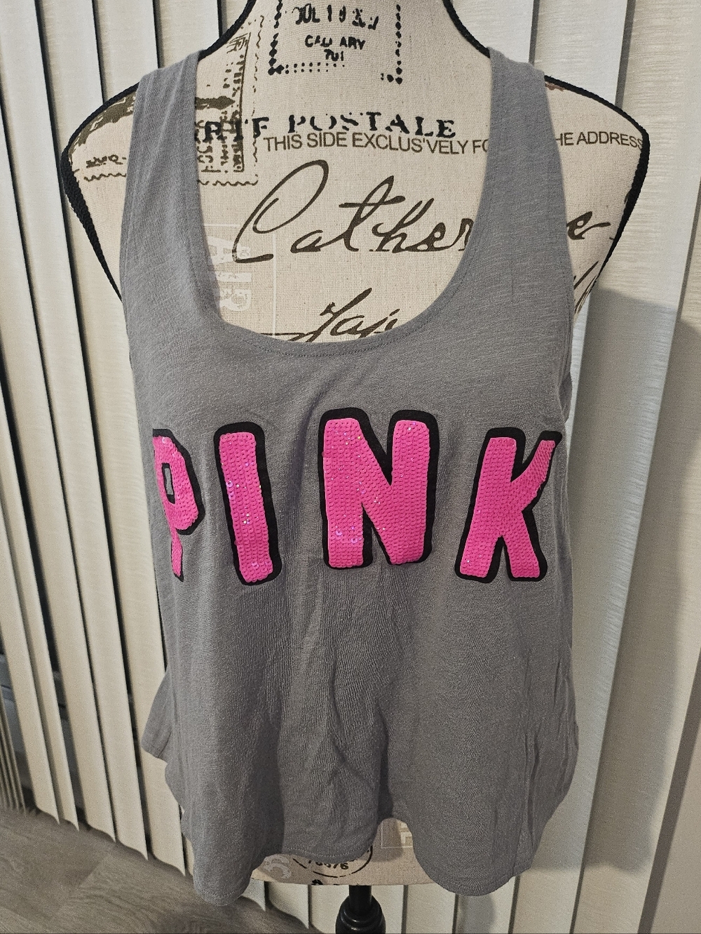 PINK Tank With Sequins Lettering. VGUC